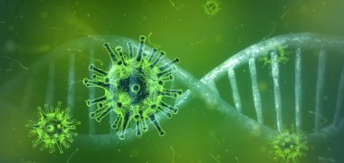 Coronavirus Virusdarstellung, grüne viren mit dna-strang