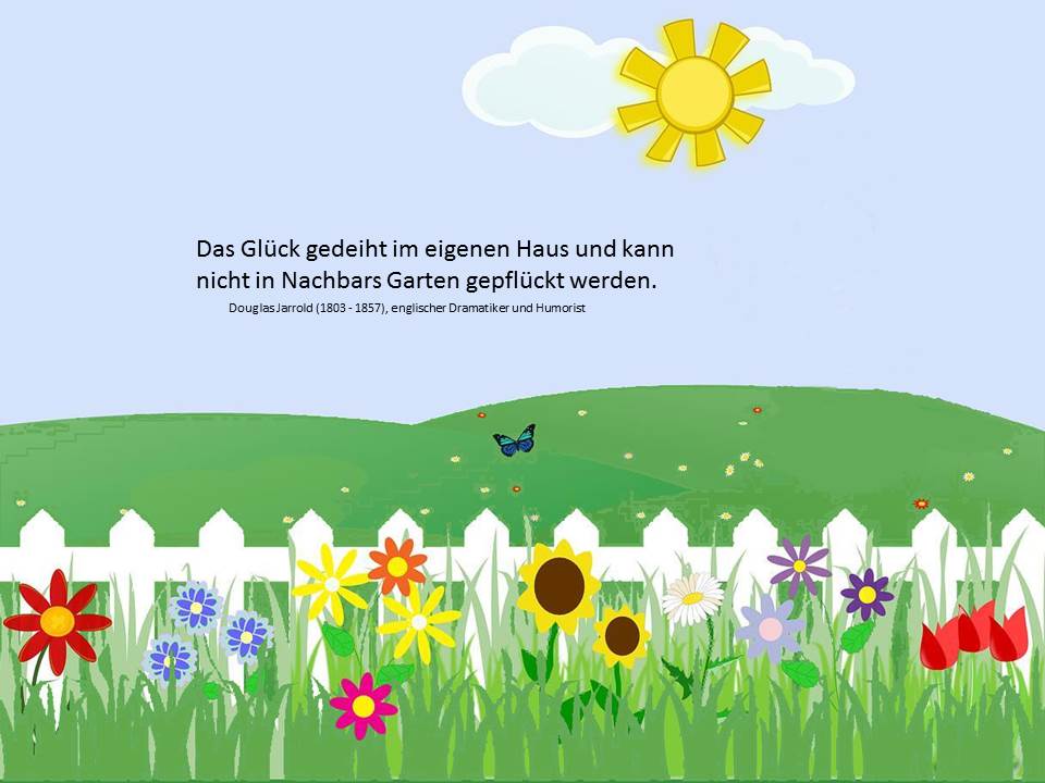 Zeichnung, weißer Gartenzaun mit Blumen im Vordergrund, Hintergrund grüne Wiese. 