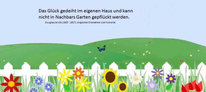 Zeichnung weißer Zaun im Vordergrund mit Blumen, Hintergrund Grün Wiese