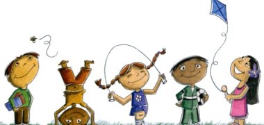 Zeichnung spielende Kinder auf einer grünen Wiese