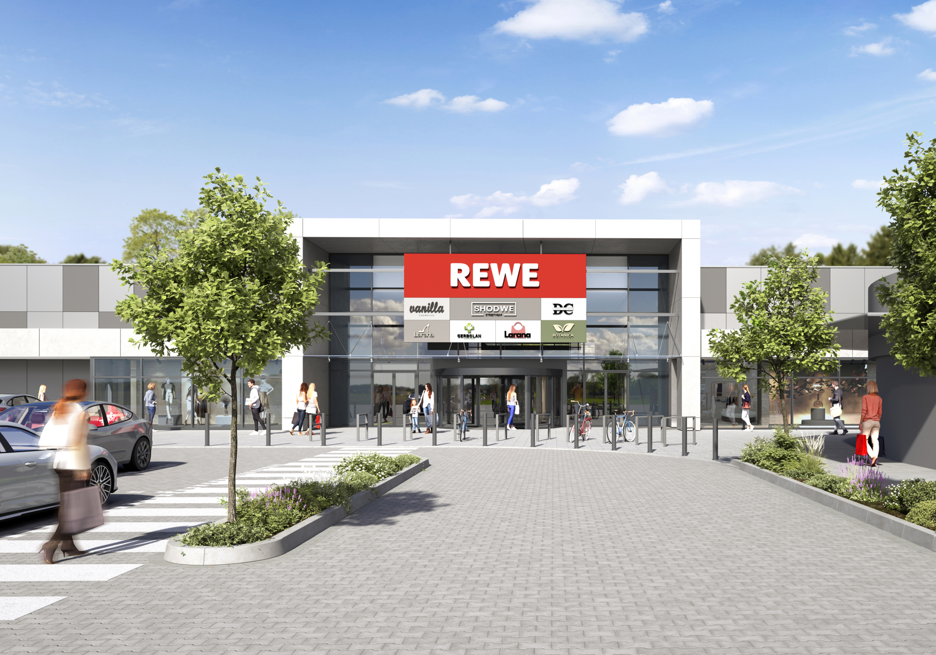So soll das Fachmarktzentrum künftig aussehen. Mit Rewe als Ankermieter.