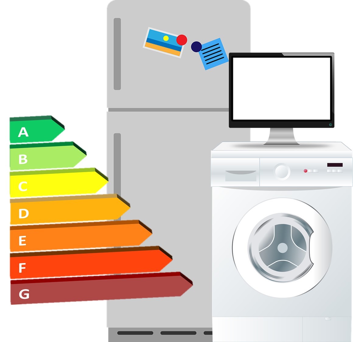 Energieeffizienzklasseneinteilung neben Kühlschrank, Bildschirm und Waschmaschine